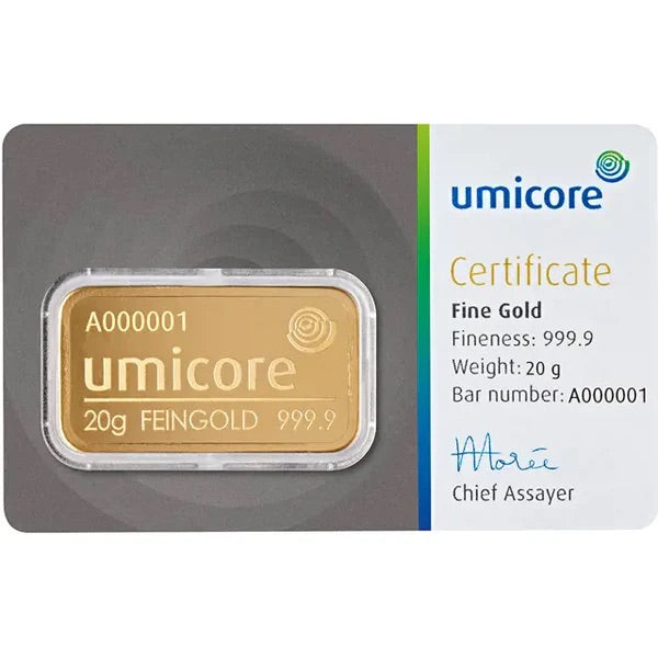 UMICORE 20G STAMPED GOLD BAR