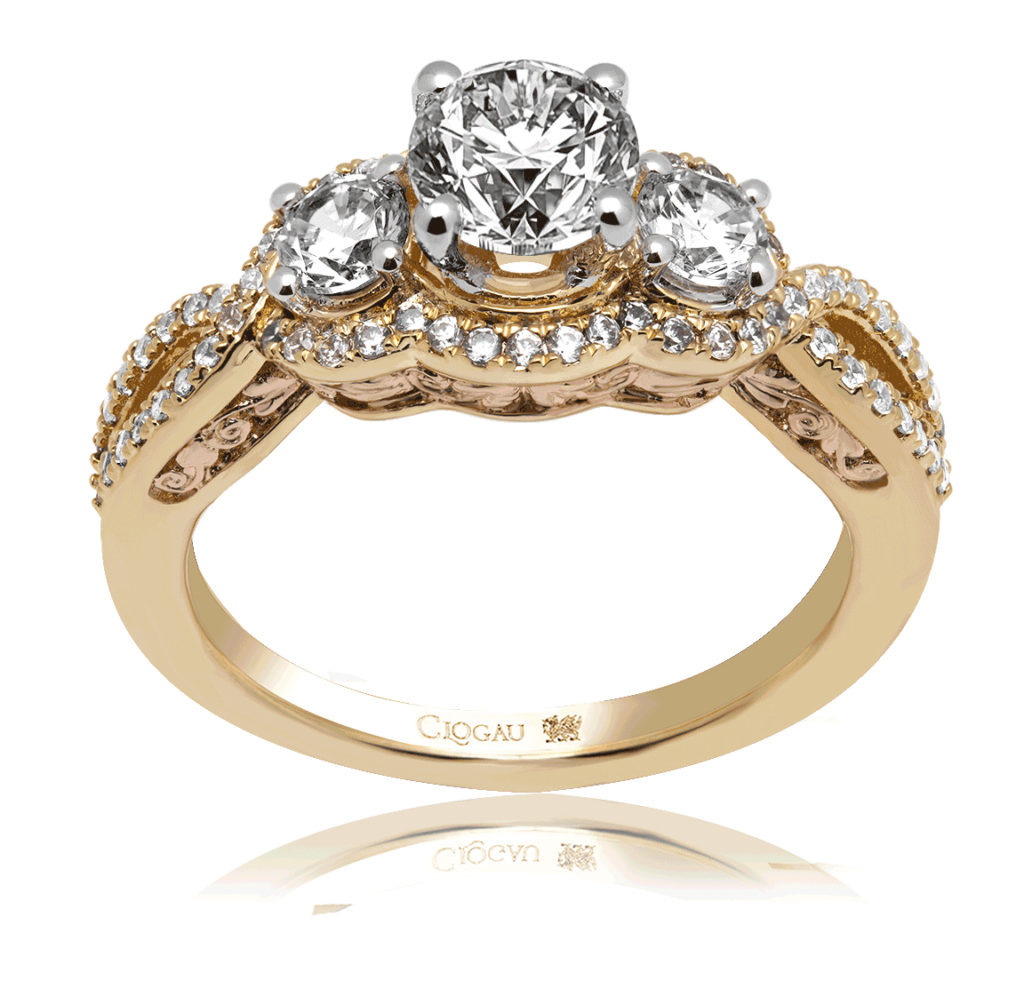 Clogau Gold Round 3-stone diamond Engagement ring with twisted diamond band